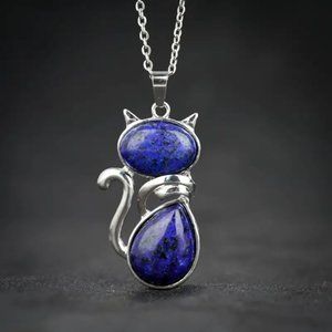 Lapis Lazuli Natural Stone Cute Cat Pendant Necklace